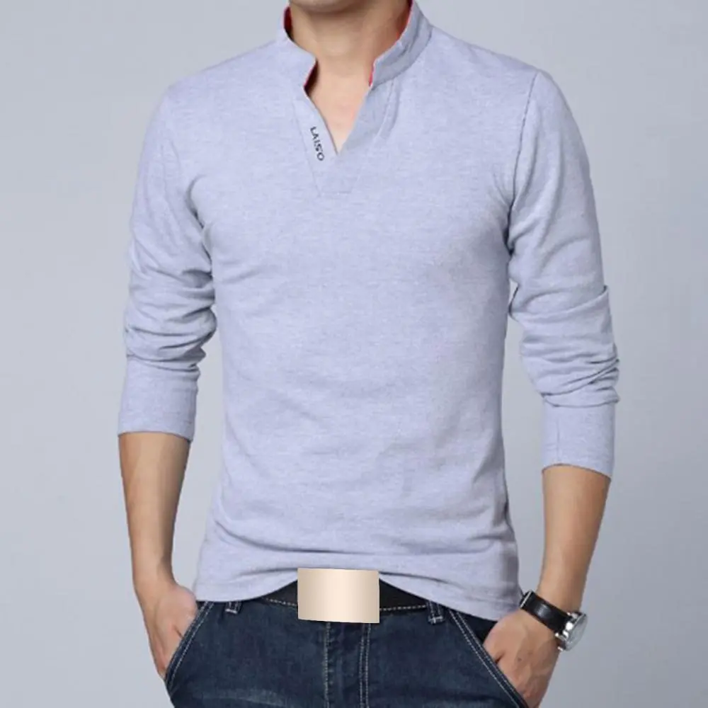 Solid Color T-shirt Fashion Men's V-neck Stand Collar Long Sleeved T-shirt Plus Size Spring Autumn Male Casual Pullover Tees