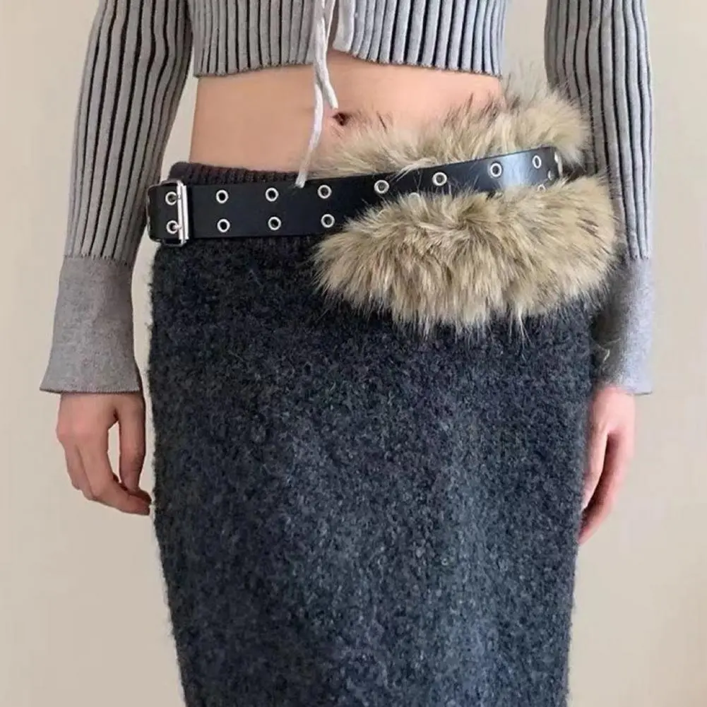 Women Belt Jeans Belt Stylish Women's Adjustable Imitation Leather Belt with Faux Fur Decor Fashionable Dress Shirt for Women's