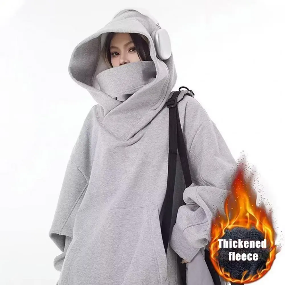 Japanese High Collar Men Hoodie Solid Color Thicken Plush Warm Oversize Hooded Sweatshirt High Street Unisex Baggy Hoodie