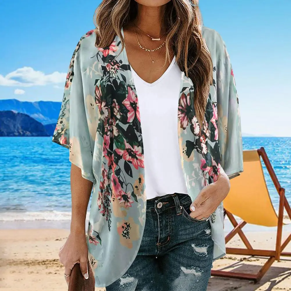 2025 Flower Print Women Beach Shirt Short Sleeve Thin Sun Protection Anti-UV  Bikini Cover Up Breathable Beach Cover-up Top