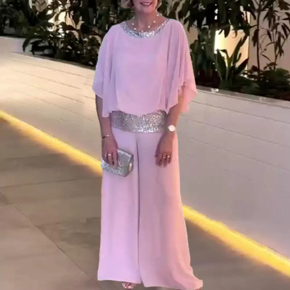 Shinny Tunic Suit Summer O Neck Batwing Sleeve Blouses Wide Leg Women Pants Set Sequin Splicing Casual Outfit Loose Chiffon Set