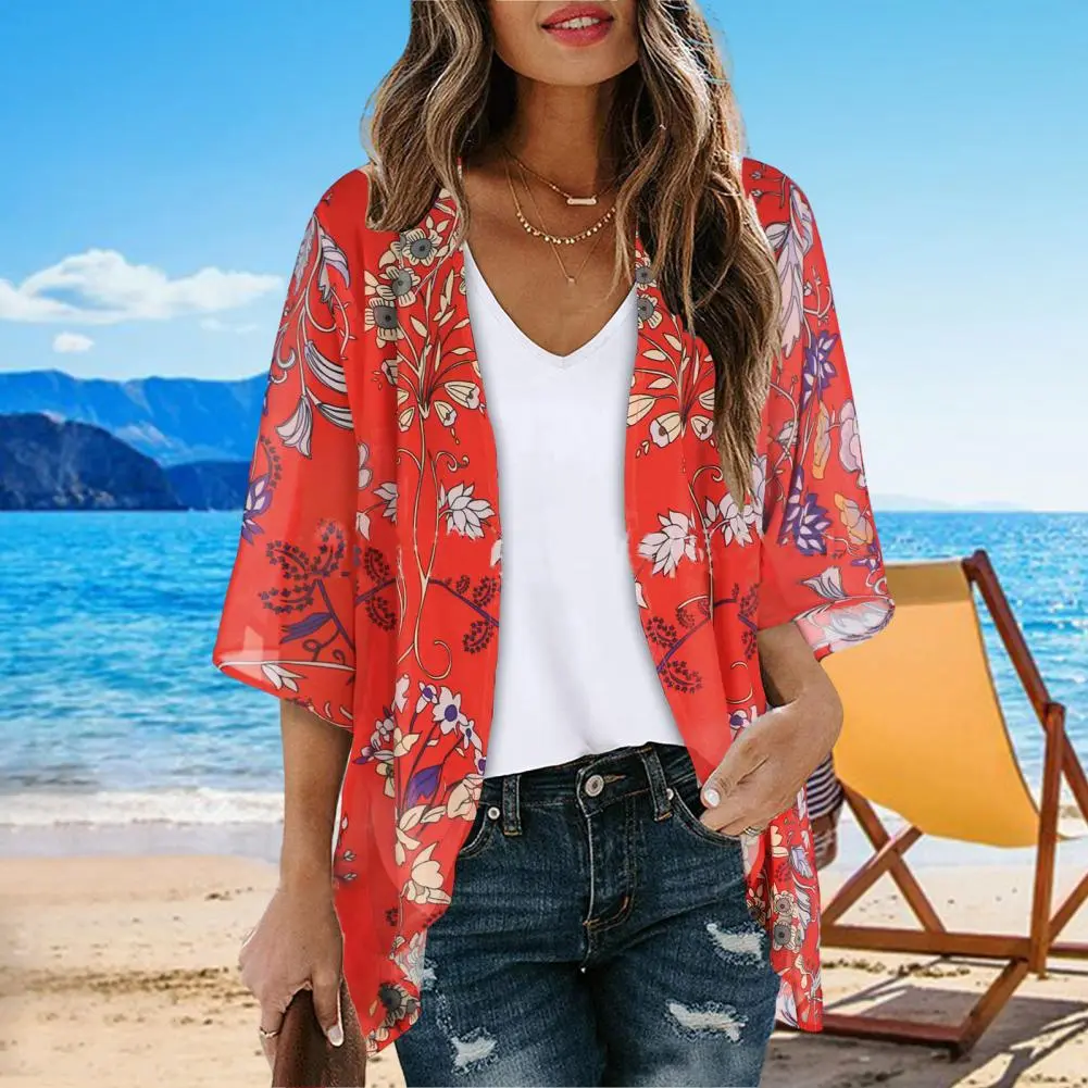 2025 Flower Print Women Beach Shirt Short Sleeve Thin Sun Protection Anti-UV  Bikini Cover Up Breathable Beach Cover-up Top