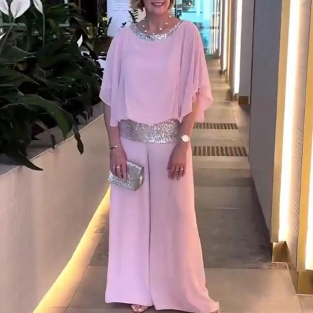 Shinny Tunic Suit Summer O Neck Batwing Sleeve Blouses Wide Leg Women Pants Set Sequin Splicing Casual Outfit Loose Chiffon Set