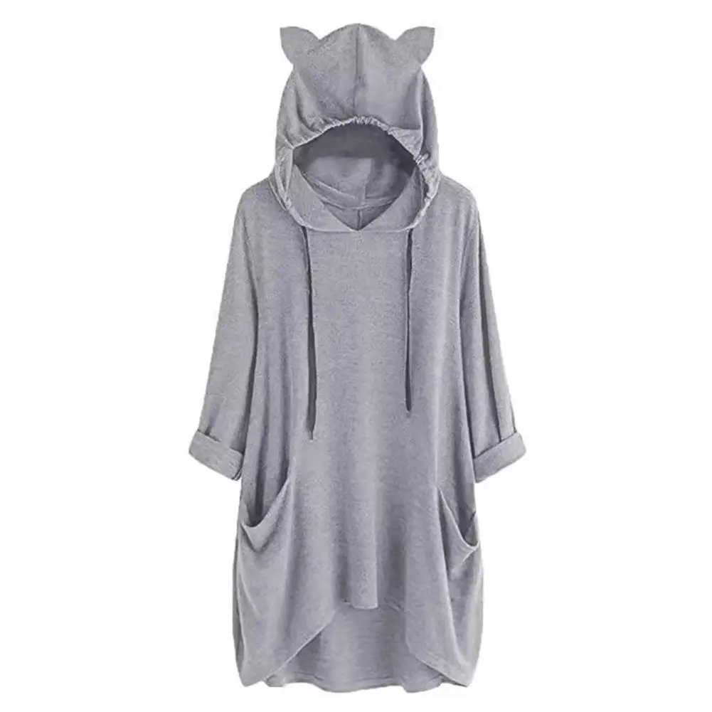 Creative Cat Ear Sweatshirt Polyester Sweatshirt Stylish Women's Cat Ear Hooded Sweatshirt with Pockets Long Irregular Hem