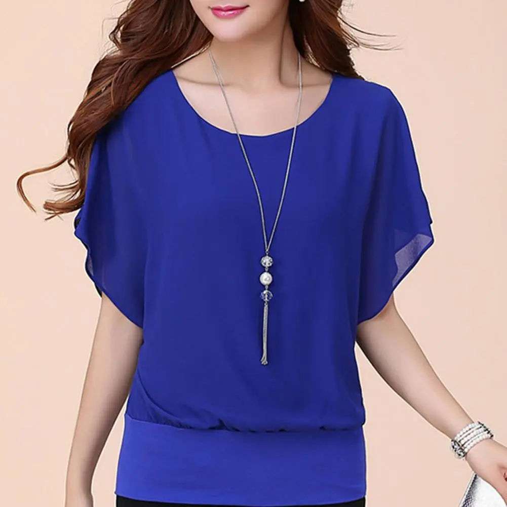 Chiffon Women Blouse Solid Color Batwing Sleeve Ruffle Shirts Blouse O Neck Loose Pullover Women's Basic Round Neck Women Tees