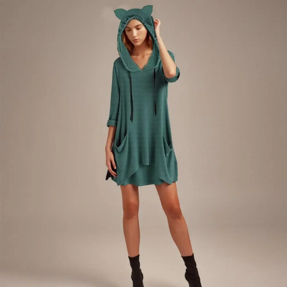 Creative Cat Ear Sweatshirt Polyester Sweatshirt Stylish Women's Cat Ear Hooded Sweatshirt with Pockets Long Irregular Hem