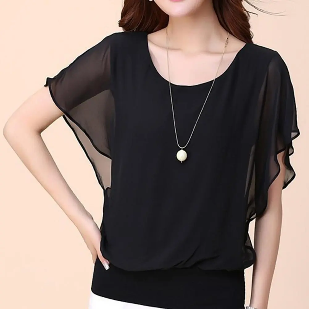 Chiffon Women Blouse Solid Color Batwing Sleeve Ruffle Shirts Blouse O Neck Loose Pullover Women's Basic Round Neck Women Tees