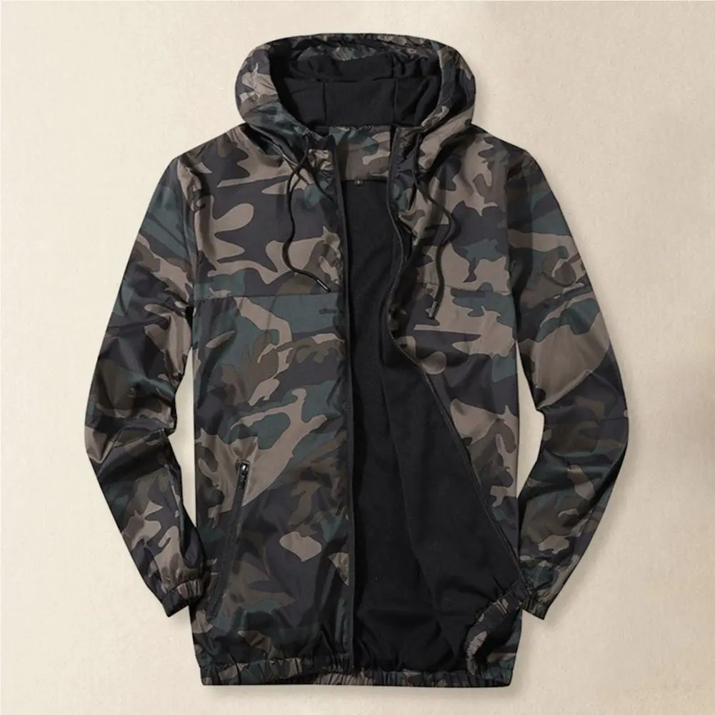 2025 M-3XL Men Fall Winter Coat Mesh Breathable Hooded Drawstring Camouflage Print Men Jackets Pockets Elastic Cuff Men Jacket