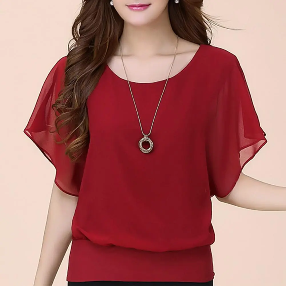 Chiffon Women Blouse Solid Color Batwing Sleeve Ruffle Shirts Blouse O Neck Loose Pullover Women's Basic Round Neck Women Tees