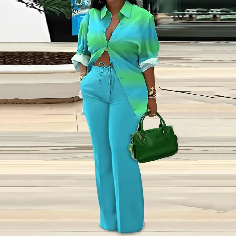Women Shirt Pants Suit Turn-down Collar Long Sleeves Printed Casual Loose Top Elastic Drawstring Wide Leg Trousers Kit