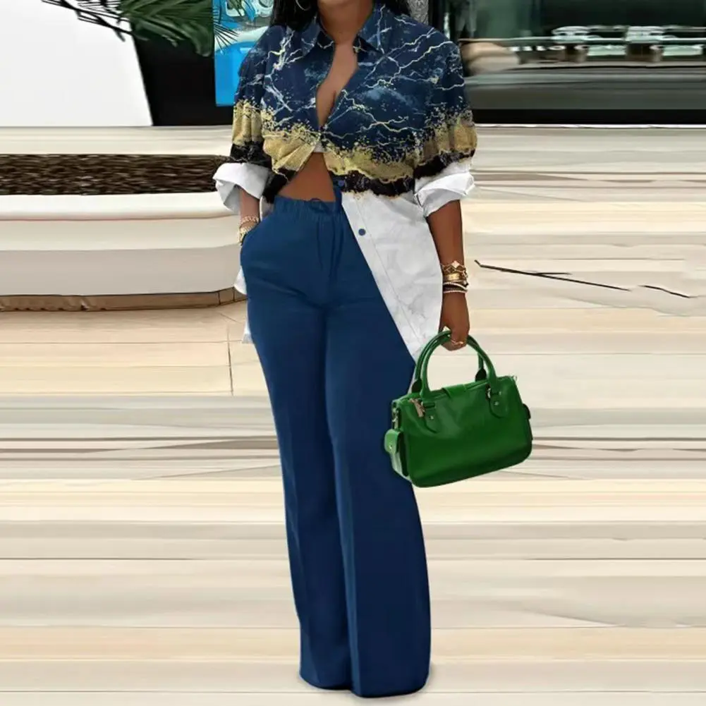 Women Shirt Pants Suit Turn-down Collar Long Sleeves Printed Casual Loose Top Elastic Drawstring Wide Leg Trousers Kit