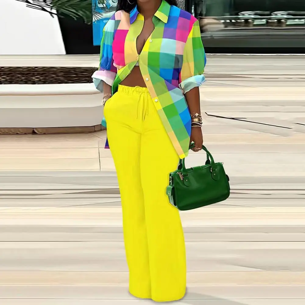 Women Shirt Pants Suit Turn-down Collar Long Sleeves Printed Casual Loose Top Elastic Drawstring Wide Leg Trousers Kit