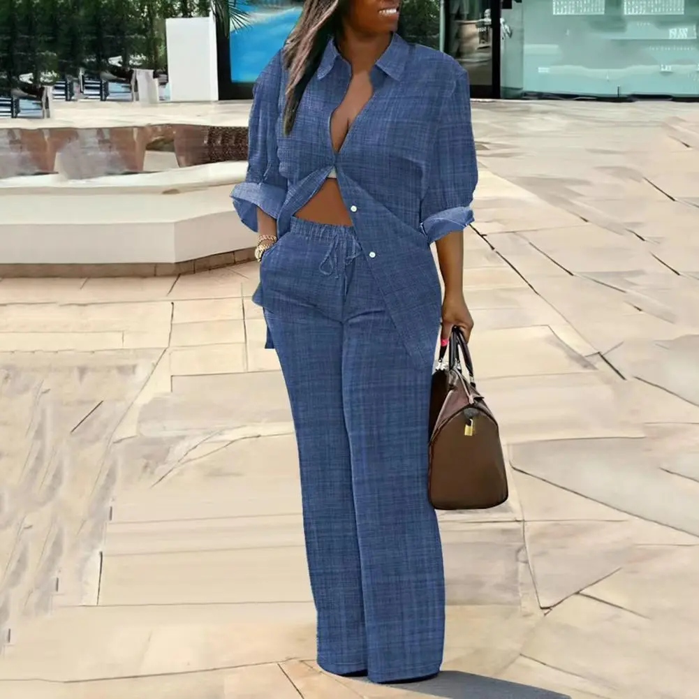 Women Shirt Pants Suit Turn-down Collar Long Sleeves Printed Casual Loose Top Elastic Drawstring Wide Leg Trousers Kit