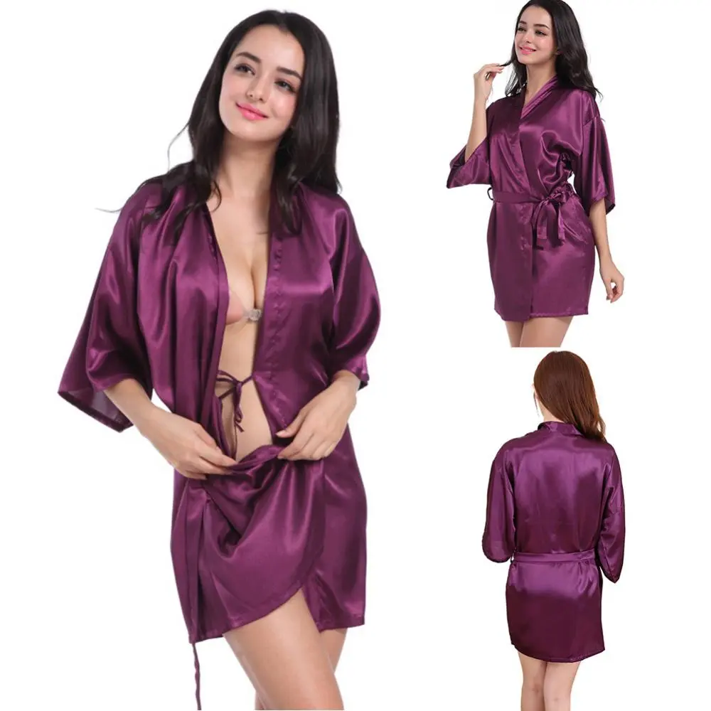 Sexy Women  Satin Kimono Robe Women's Solid Color Nightgown Imitating Silk Kimono Thin Cardigan Sexy Short Bathrobe Pajamas