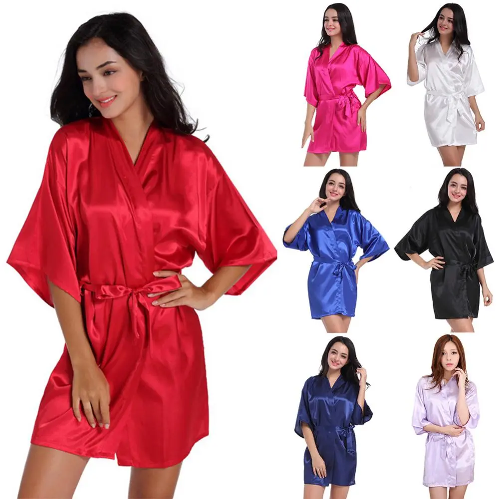 Sexy Women  Satin Kimono Robe Women's Solid Color Nightgown Imitating Silk Kimono Thin Cardigan Sexy Short Bathrobe Pajamas