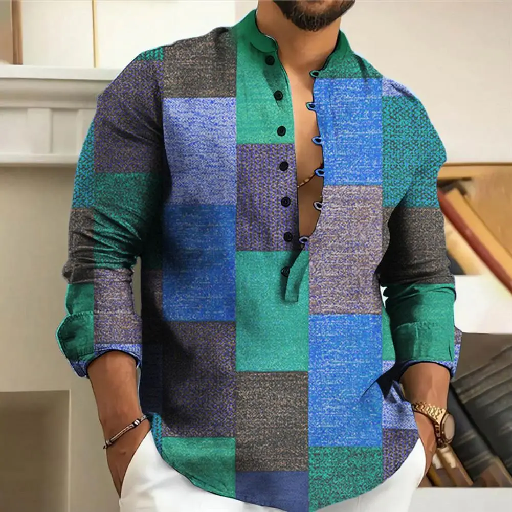 Men Linen Shirt Retro Geometric Print Button-Down Short Sleeves Casual Loose Shirt Spring Autumn Versatile Men Shirts Streetwear