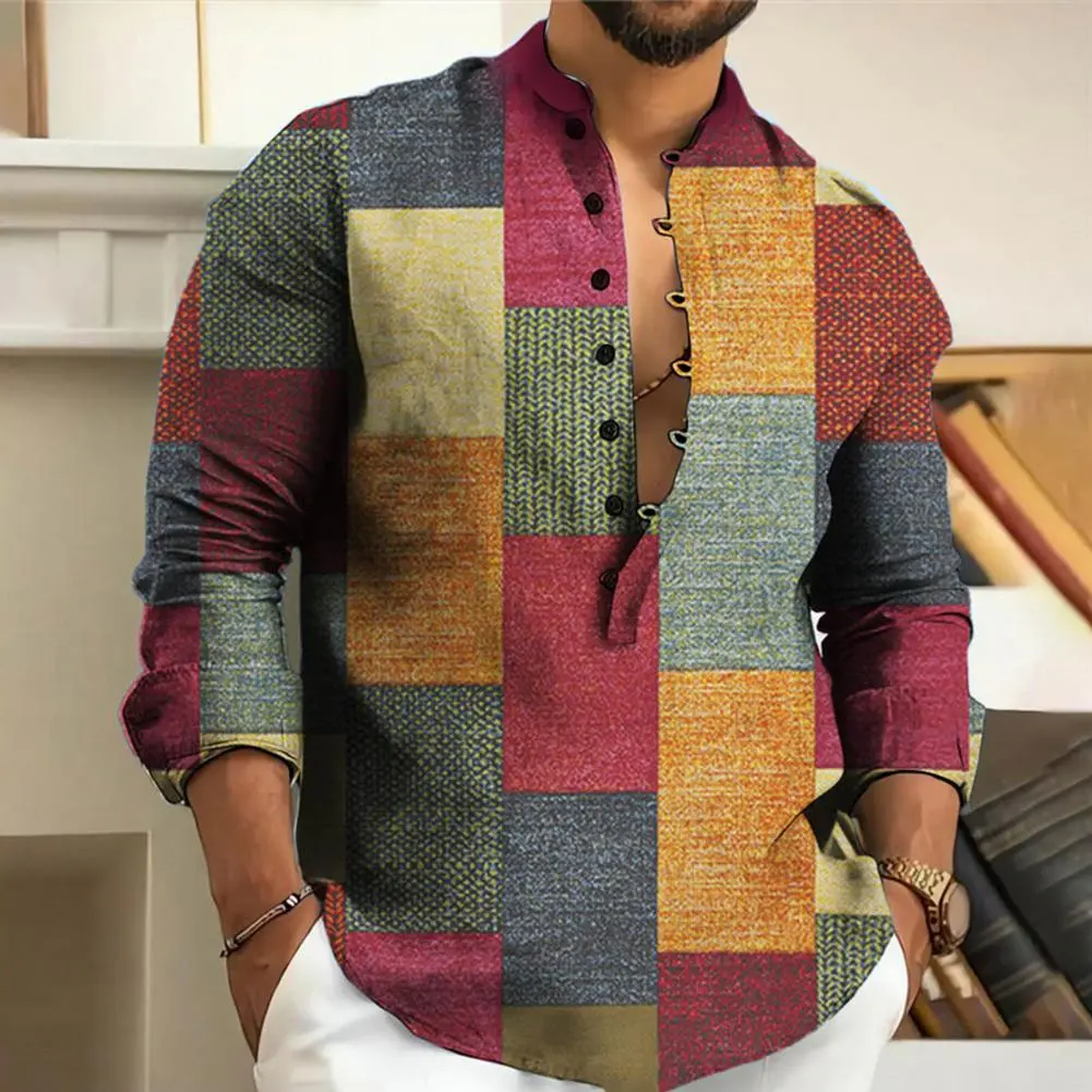 Men Linen Shirt Retro Geometric Print Button-Down Short Sleeves Casual Loose Shirt Spring Autumn Versatile Men Shirts Streetwear