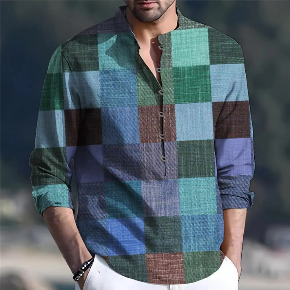 Men Linen Shirt Retro Geometric Print Button-Down Short Sleeves Casual Loose Shirt Spring Autumn Versatile Men Shirts Streetwear
