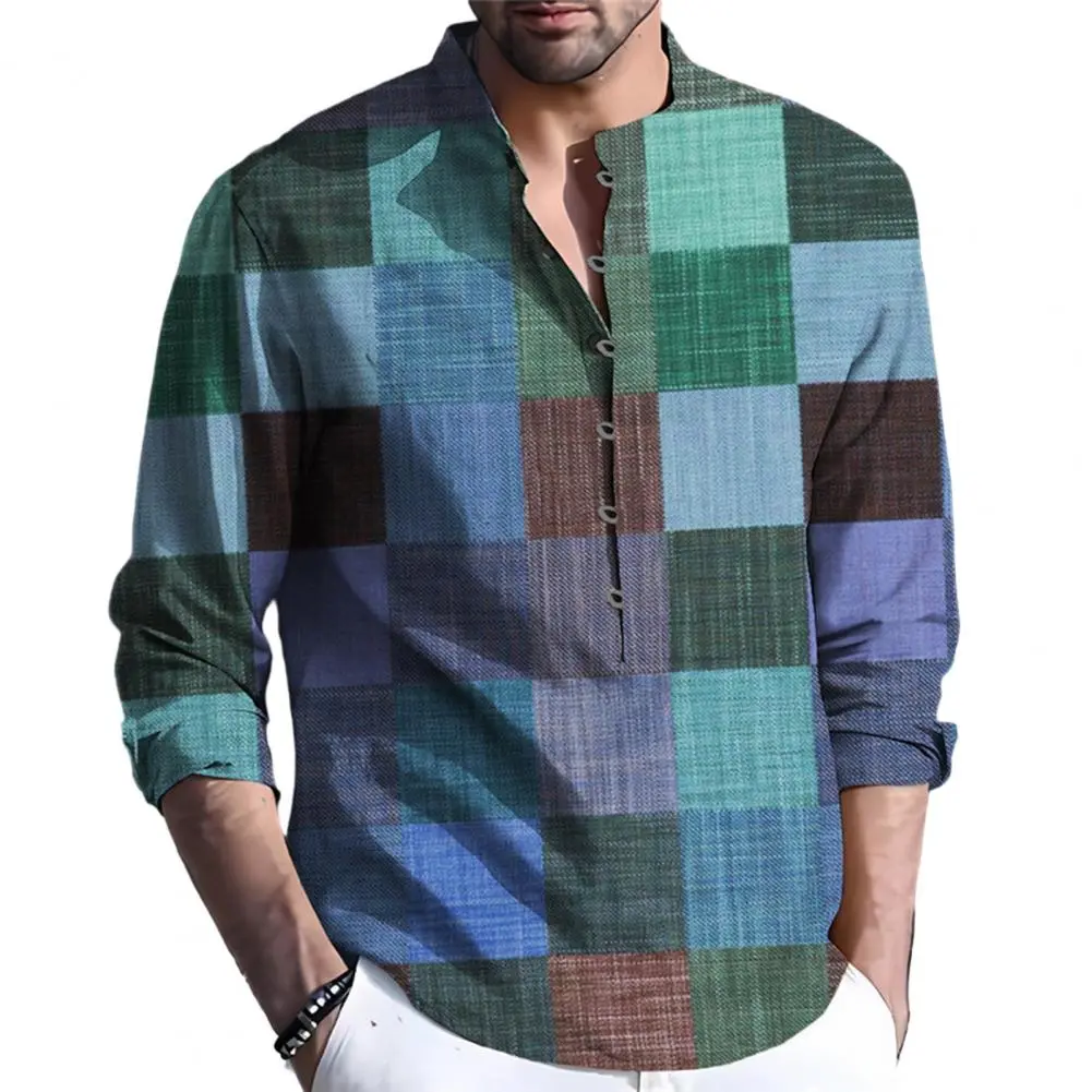 Men Linen Shirt Retro Geometric Print Button-Down Short Sleeves Casual Loose Shirt Spring Autumn Versatile Men Shirts Streetwear