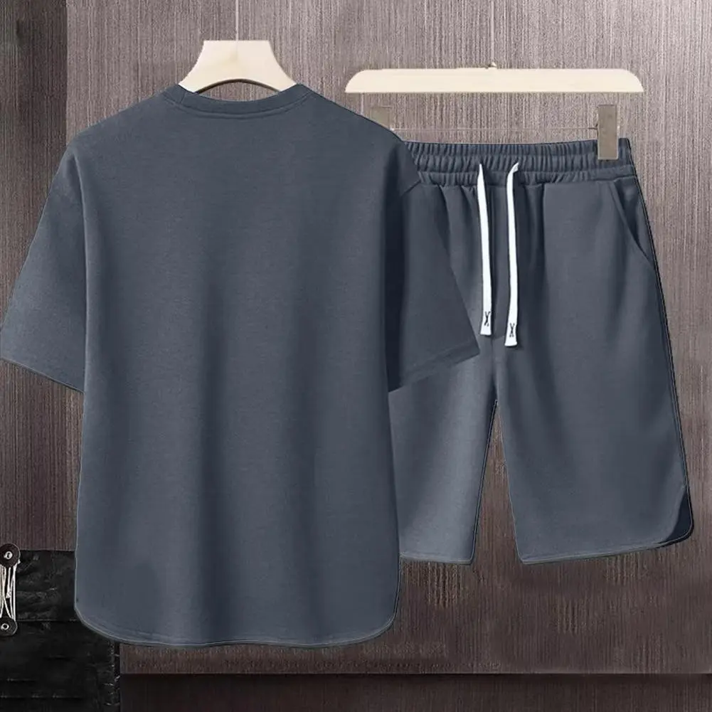 Ice Silk Summer Men Suit T-shirt Shorts Sportswear Set Loose Round Neck Short Sleeves Drawstring Waist Men Sport Top Shorts Set