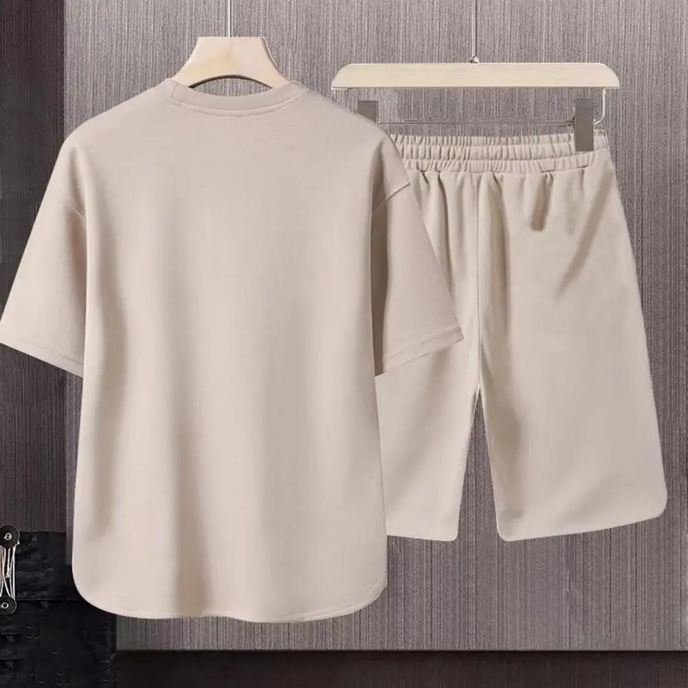 Ice Silk Summer Men Suit T-shirt Shorts Sportswear Set Loose Round Neck Short Sleeves Drawstring Waist Men Sport Top Shorts Set