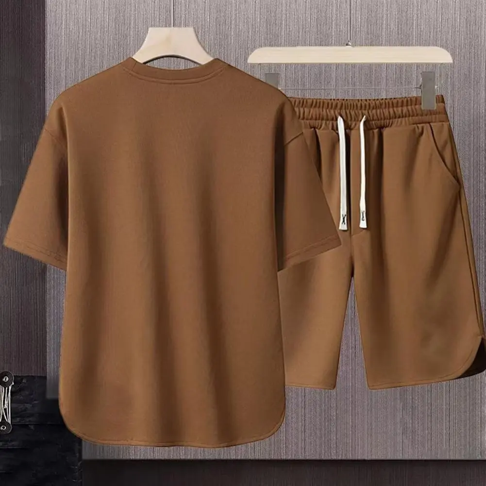 Ice Silk Summer Men Suit T-shirt Shorts Sportswear Set Loose Round Neck Short Sleeves Drawstring Waist Men Sport Top Shorts Set