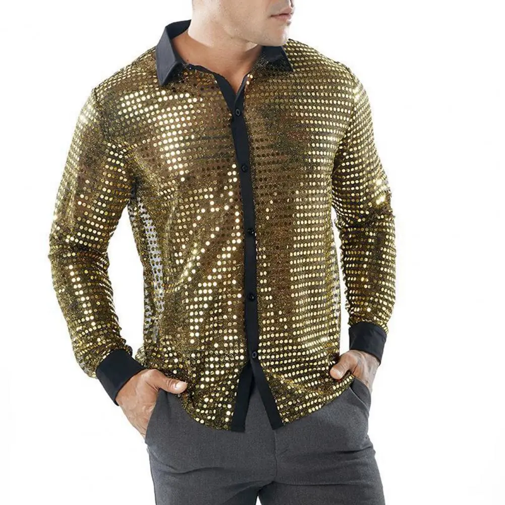 2025 M-2XL Men Shirt Club Party Disco Shirt Shiny Glossy Slim Fit Sequin Lapel Vinatge 70s Men Performance Shirt Sequin Shirts