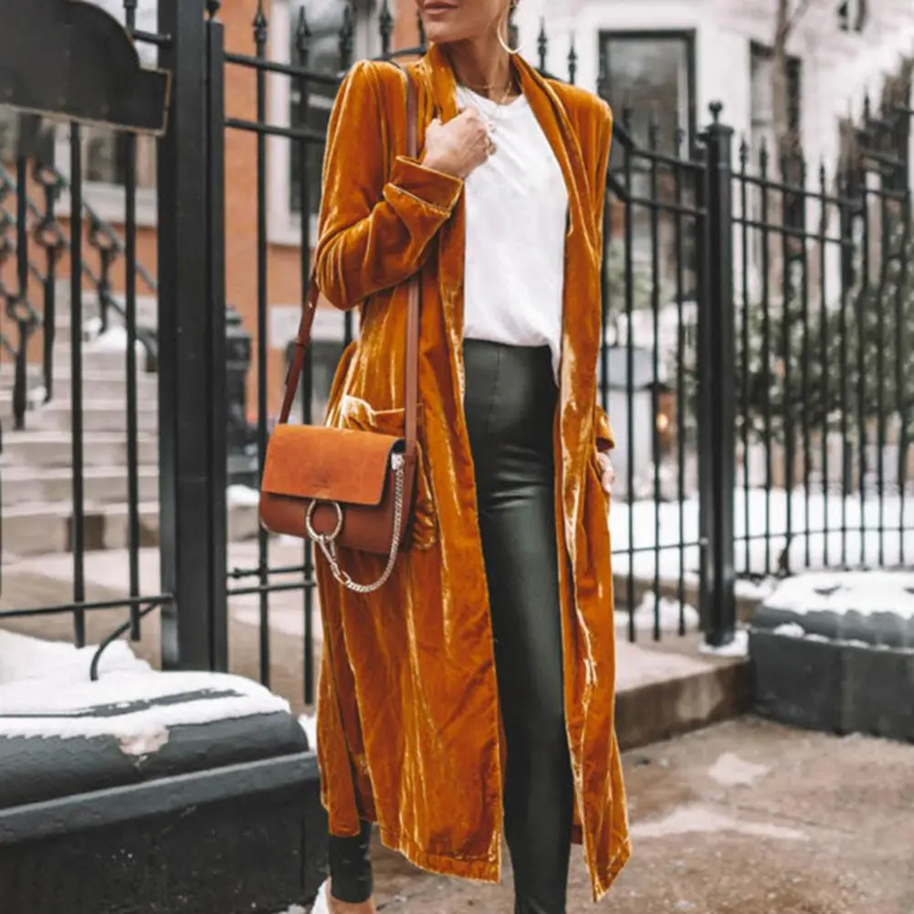 Stretch Suede Long Windbreaker Jacket Flannel Open Stitch Warm Maxi Coat OL Style Elegant Pure Color Spring Autumn Jacket
