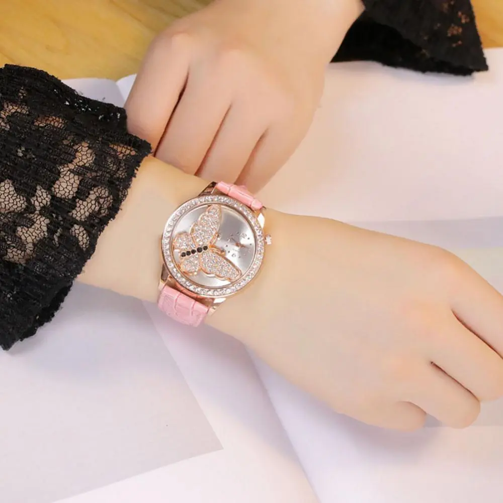 2023 Butterfly Rhinestone Luxury Watch Women Faux Crystal Leather Band Analog Quartz Wristwatch Casual Ladies Watches Bracelet