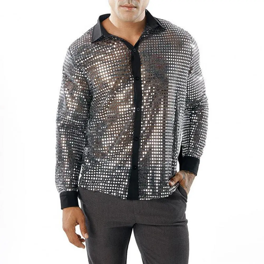 2025 M-2XL Men Shirt Club Party Disco Shirt Shiny Glossy Slim Fit Sequin Lapel Vinatge 70s Men Performance Shirt Sequin Shirts