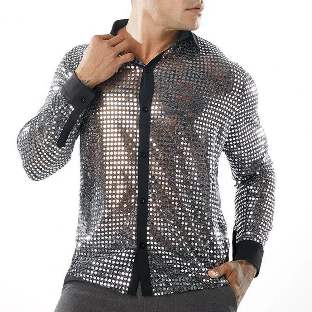 2025 M-2XL Men Shirt Club Party Disco Shirt Shiny Glossy Slim Fit Sequin Lapel Vinatge 70s Men Performance Shirt Sequin Shirts