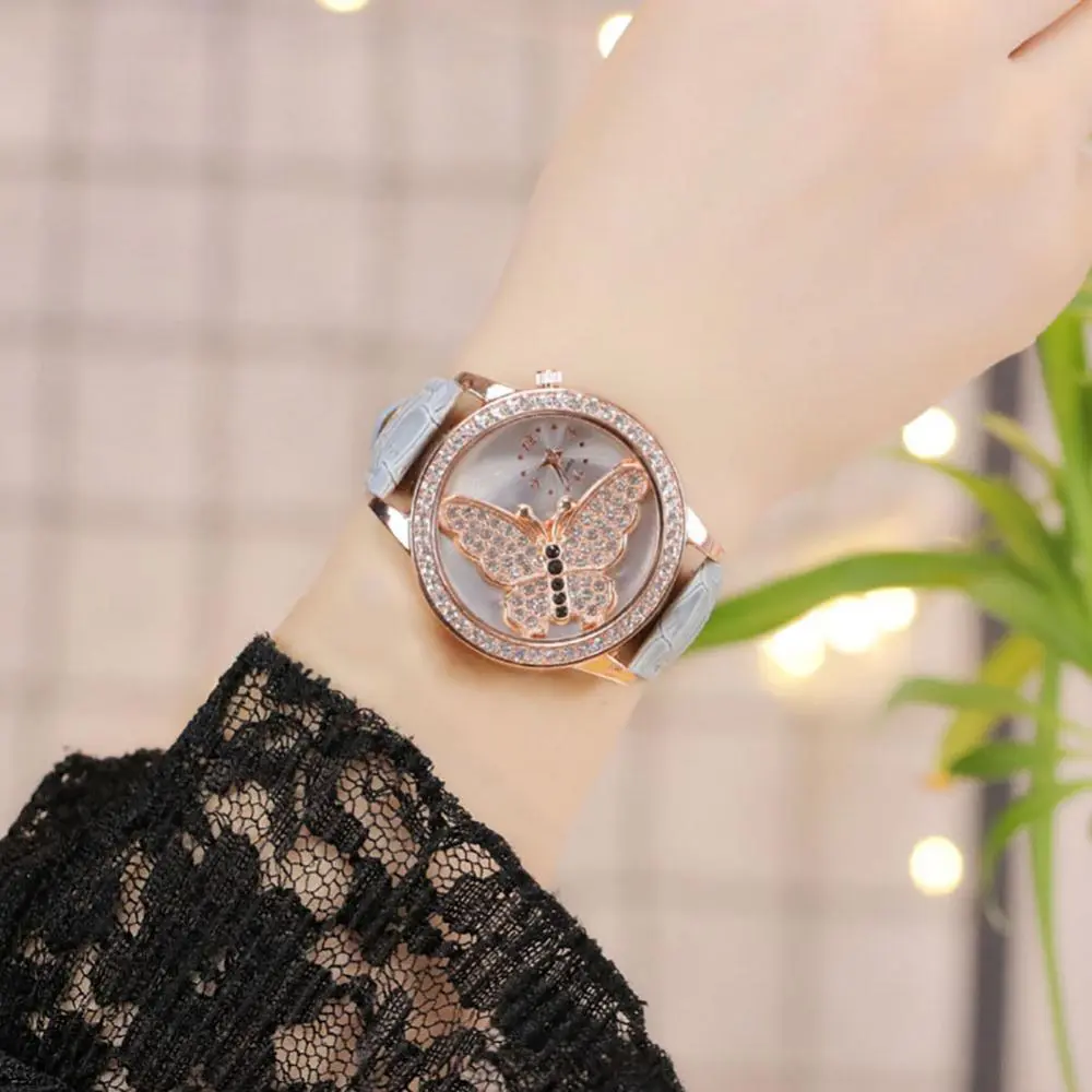2023 Butterfly Rhinestone Luxury Watch Women Faux Crystal Leather Band Analog Quartz Wristwatch Casual Ladies Watches Bracelet