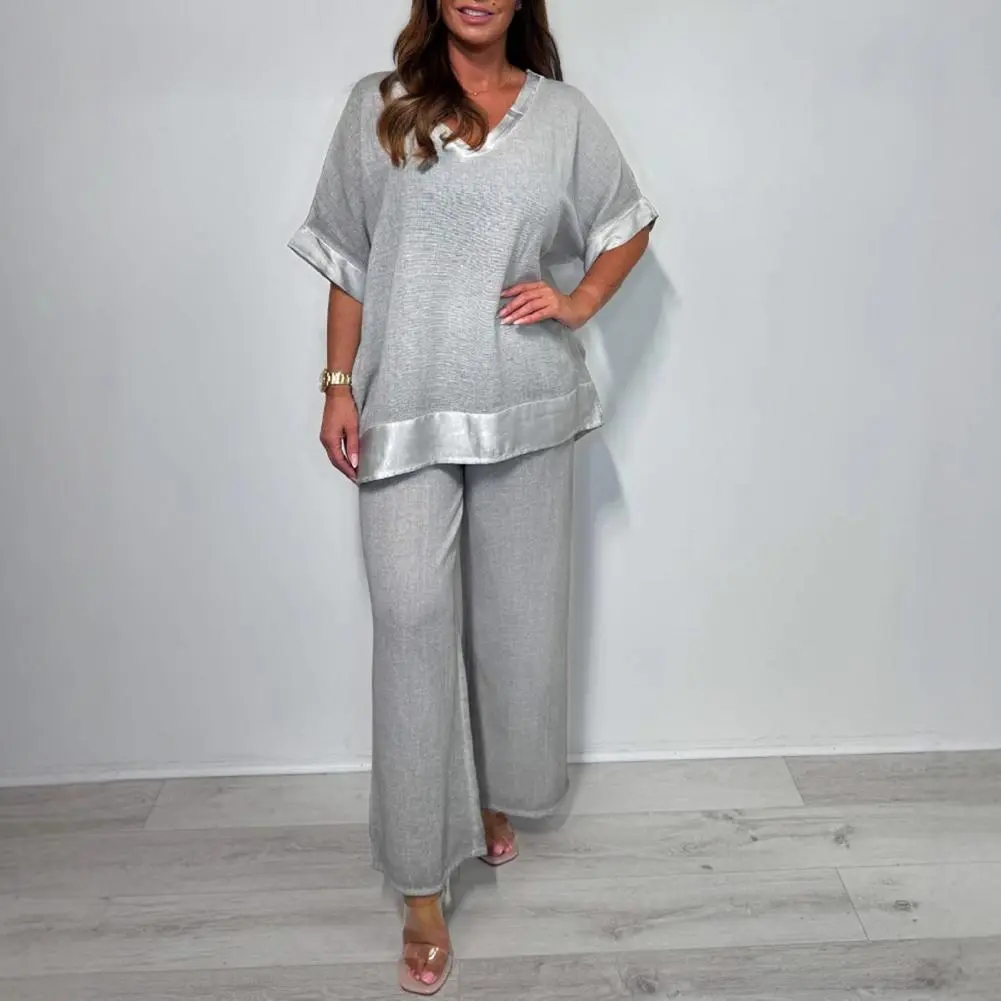 Stylish Women Set Women Two Piece Set Plus Size V Neck Two Piece Outfit with Wide Leg Pants Women's Casual Loose for Spring