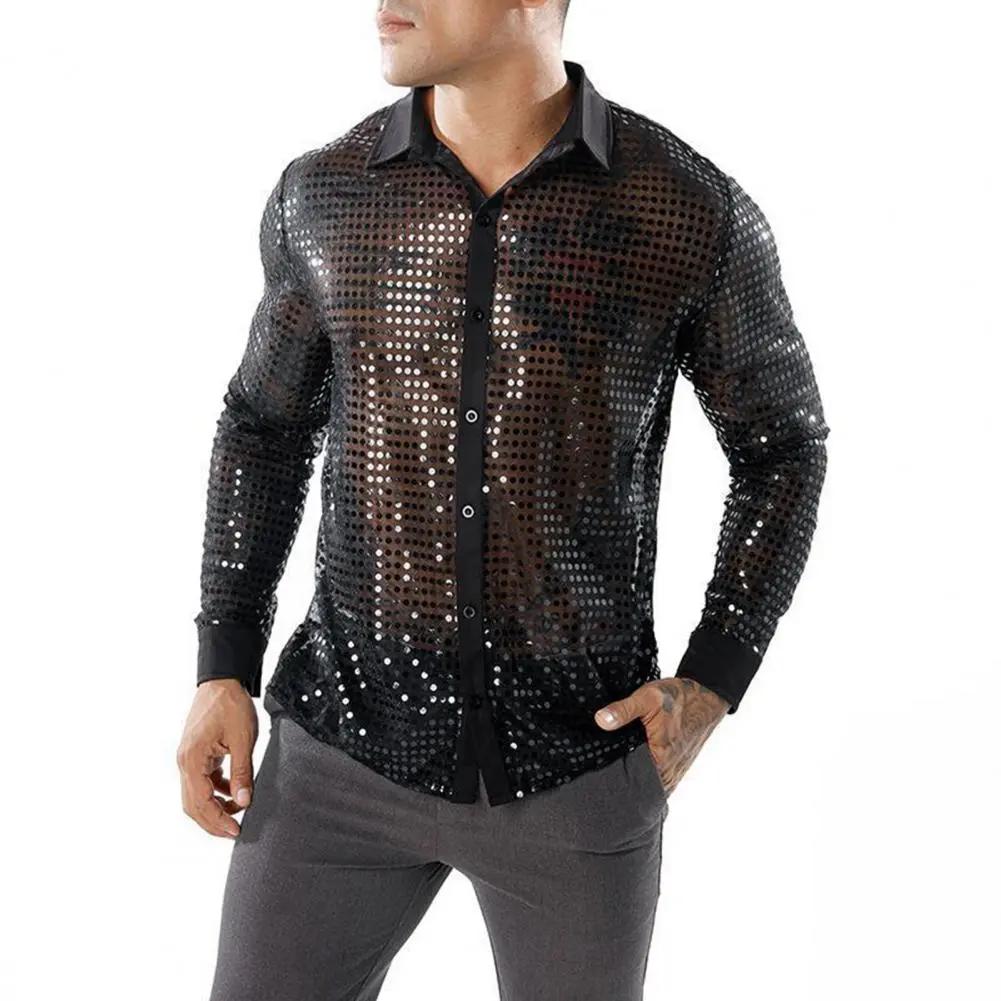2025 M-2XL Men Shirt Club Party Disco Shirt Shiny Glossy Slim Fit Sequin Lapel Vinatge 70s Men Performance Shirt Sequin Shirts