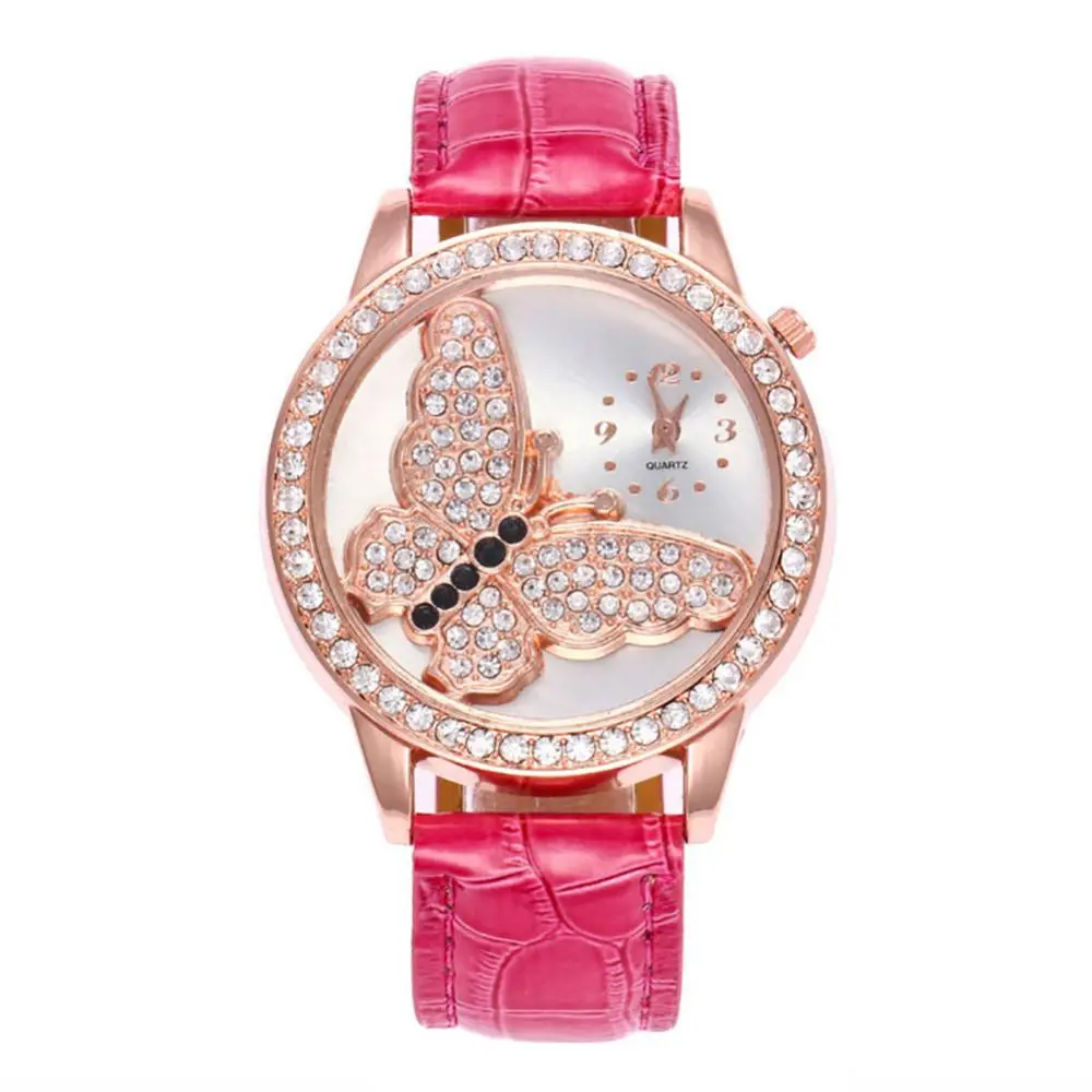 2023 Butterfly Rhinestone Luxury Watch Women Faux Crystal Leather Band Analog Quartz Wristwatch Casual Ladies Watches Bracelet