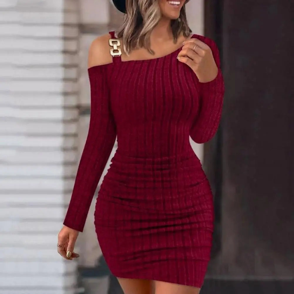 Skinny Knitted Dress One Shoulder Oblique Neck Long Sleeve Mini Sheath Dress Sexy Slant Collar Slim Fit Party Prom Dress vestido