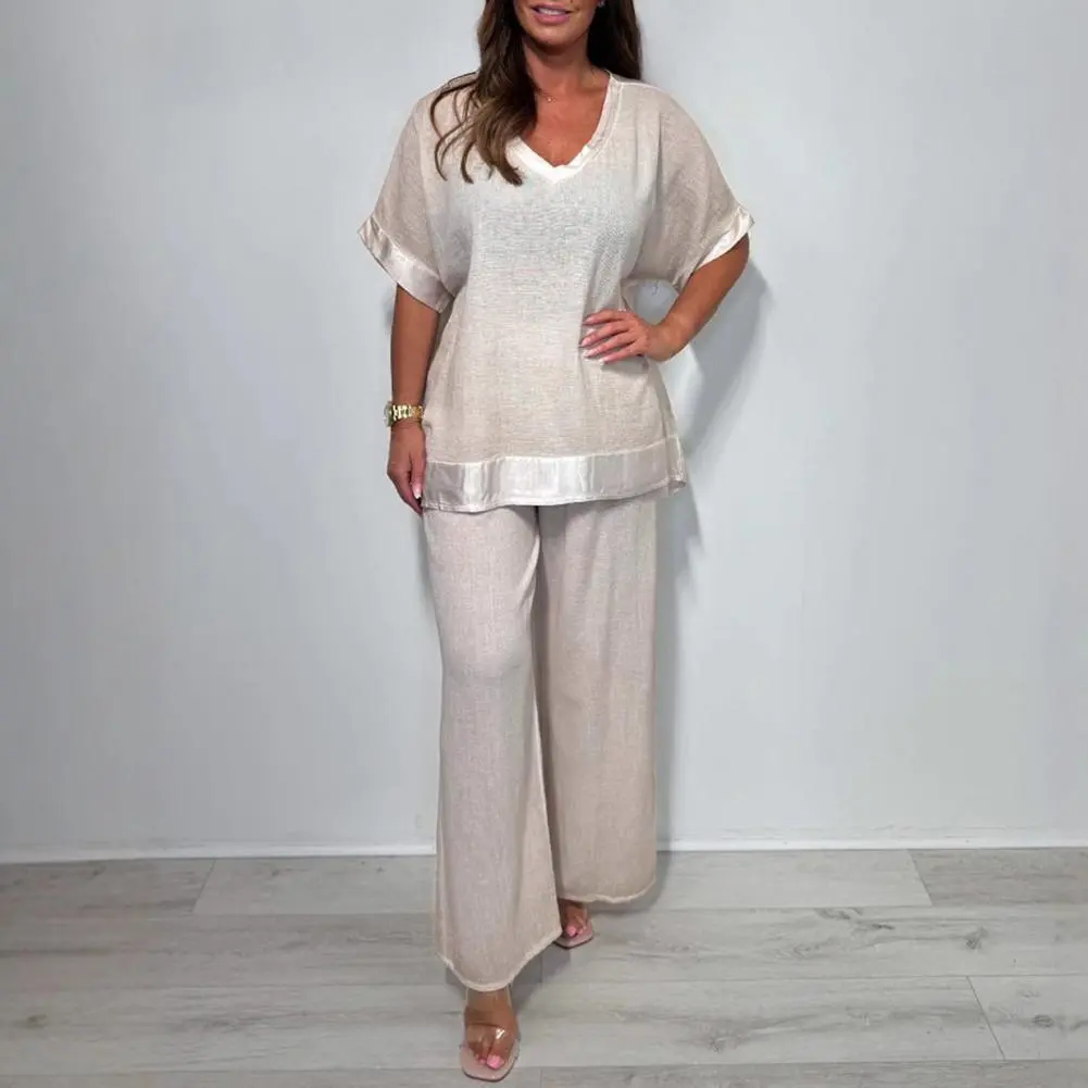 Stylish Women Set Women Two Piece Set Plus Size V Neck Two Piece Outfit with Wide Leg Pants Women's Casual Loose for Spring