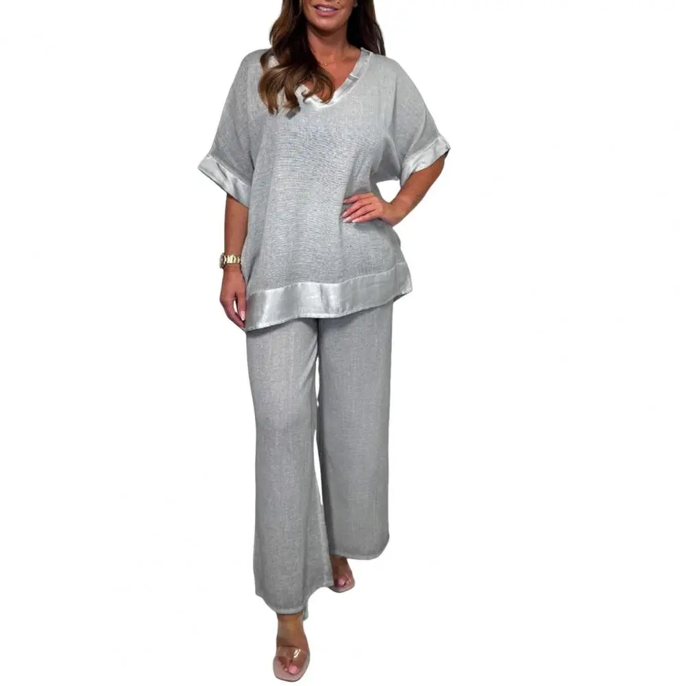 Stylish Women Set Women Two Piece Set Plus Size V Neck Two Piece Outfit with Wide Leg Pants Women's Casual Loose for Spring
