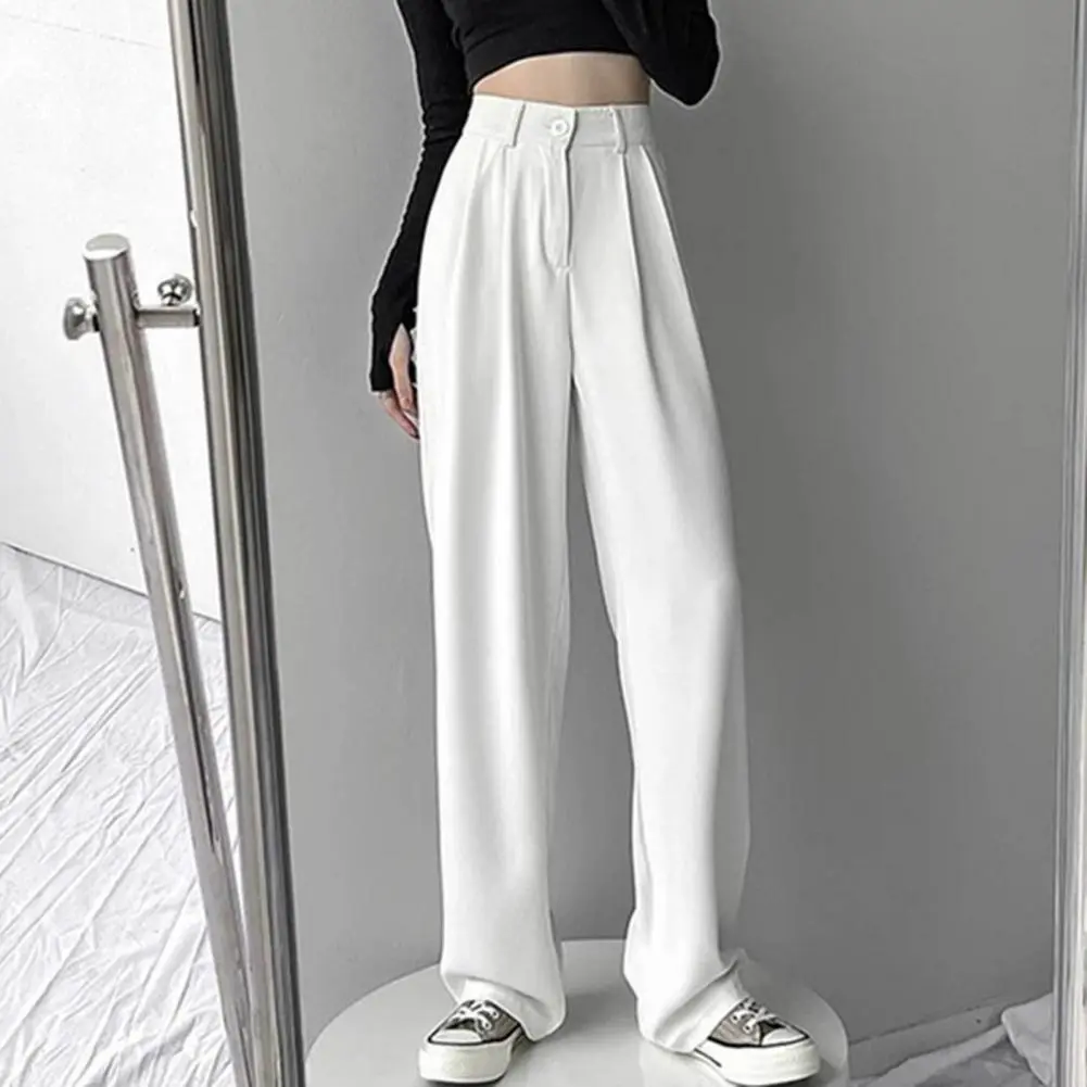 2024 Spring Summer Women's Pants Solid Color High Waist Straight Wide Leg Pants  Button-up High Waist Loose Fit Female Trousers