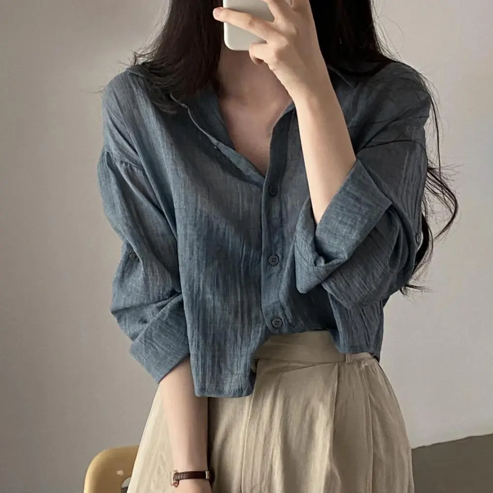 Pleated Style Women Shirt Lapel Long Sleeves Buttons Placket Spring Cardigan Shirt Solid Color Pleated Sun Protection Shirt Top