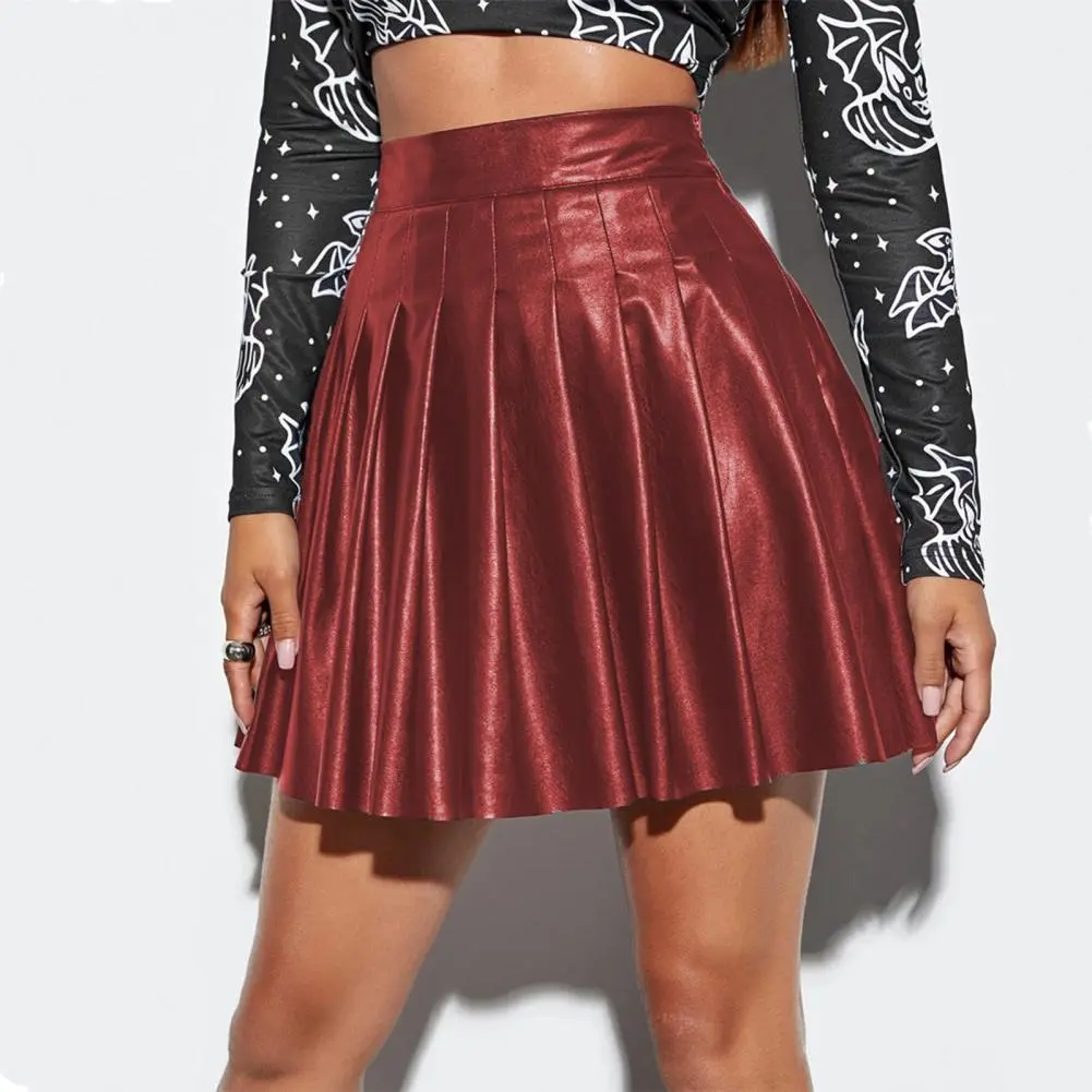 hot girls Party Dance Clubwear Pleated PU Mini Skirt Women Skirt Faux Leather High Waist A-line Loose Hem Lady Cool Skirt