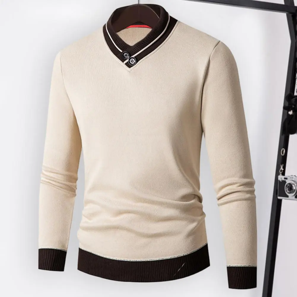 2025 M-2XL Autumn Winter Men Sweater V Neck Knitted Thick Elastic Warm Color-blocking Sweater Mid Length Men Thermal Underwear