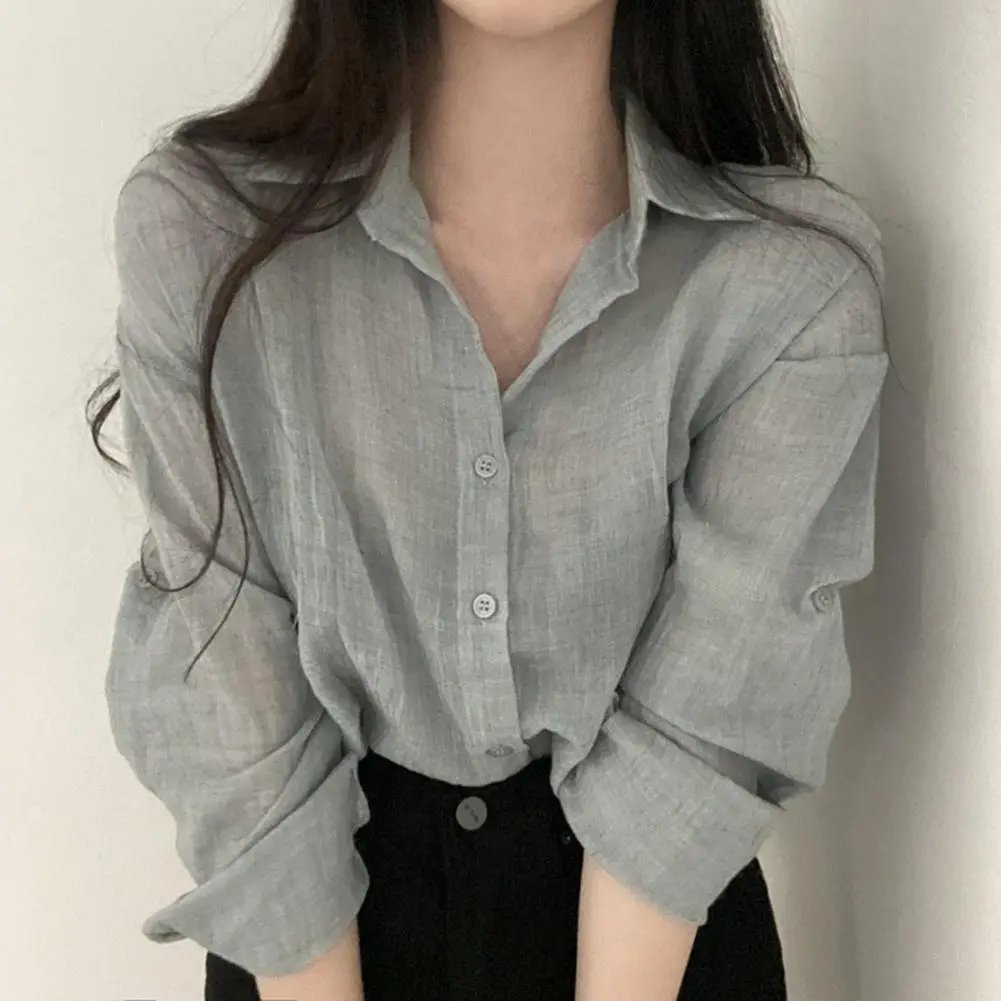 Pleated Style Women Shirt Lapel Long Sleeves Buttons Placket Spring Cardigan Shirt Solid Color Pleated Sun Protection Shirt Top
