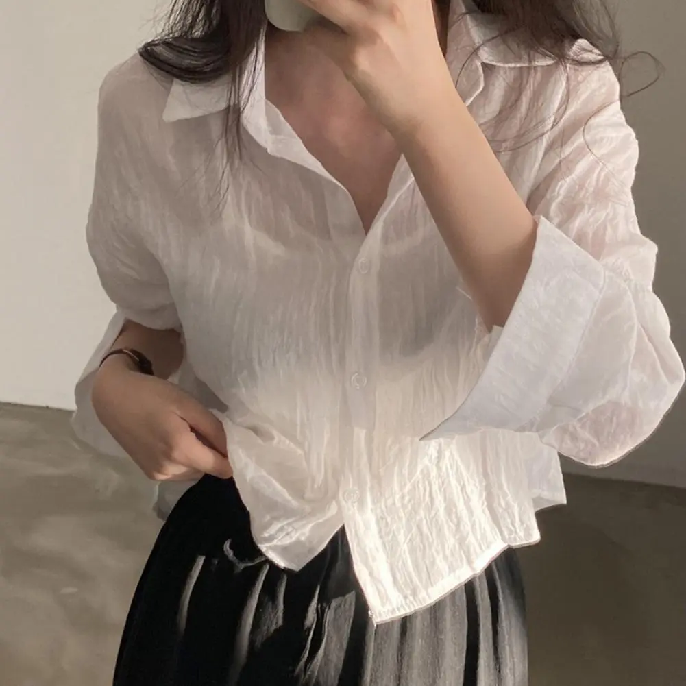 Pleated Style Women Shirt Lapel Long Sleeves Buttons Placket Spring Cardigan Shirt Solid Color Pleated Sun Protection Shirt Top