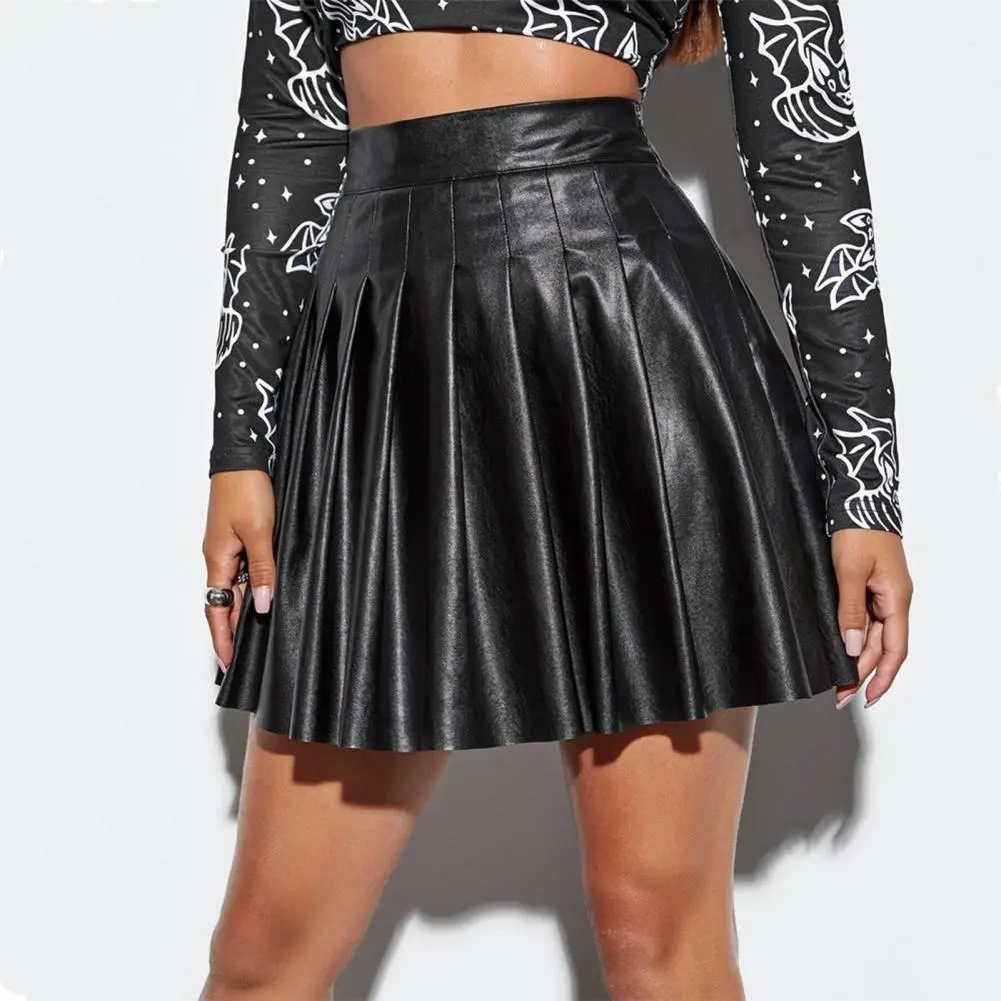hot girls Party Dance Clubwear Pleated PU Mini Skirt Women Skirt Faux Leather High Waist A-line Loose Hem Lady Cool Skirt
