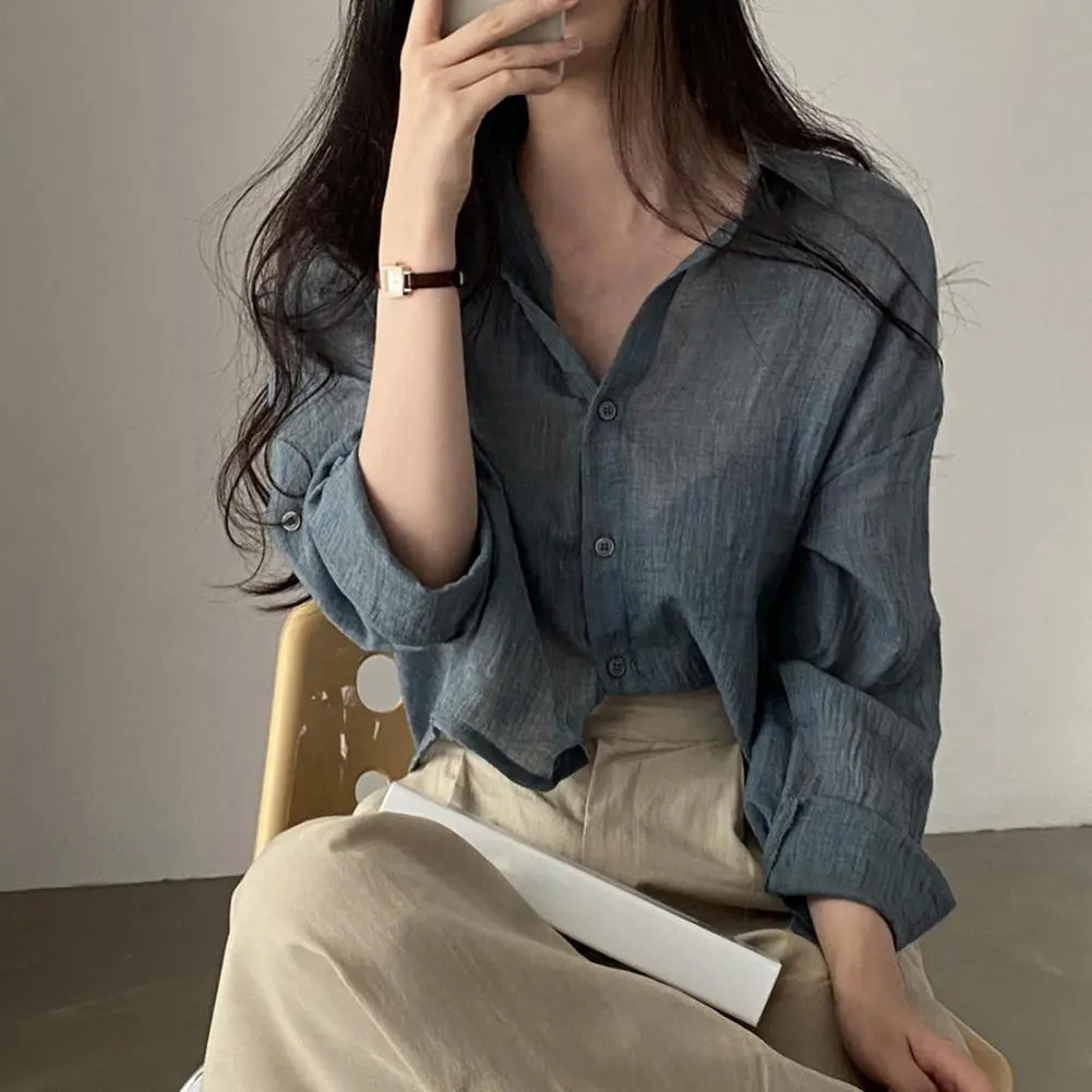 Pleated Style Women Shirt Lapel Long Sleeves Buttons Placket Spring Cardigan Shirt Solid Color Pleated Sun Protection Shirt Top