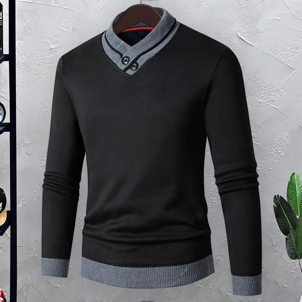 2025 M-2XL Autumn Winter Men Sweater V Neck Knitted Thick Elastic Warm Color-blocking Sweater Mid Length Men Thermal Underwear