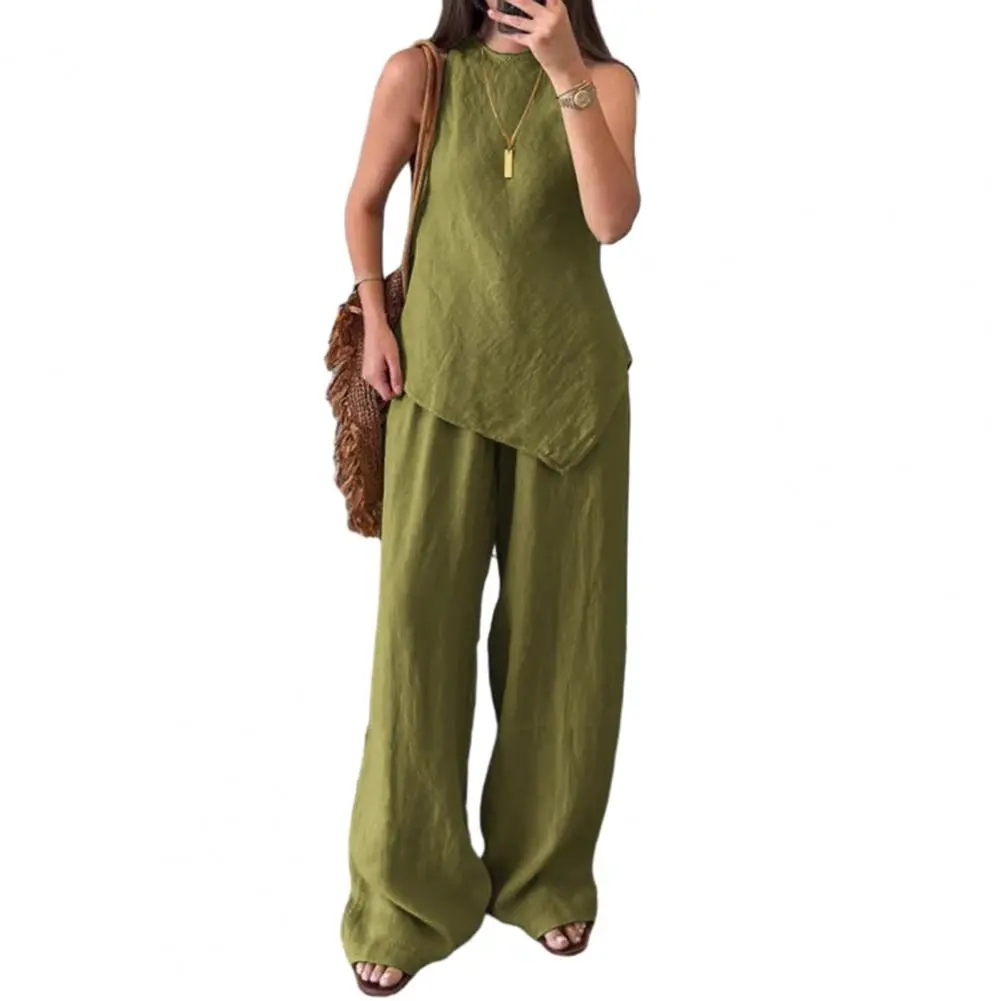 Easy-to-style Two-piece Look Breathable Solid Color Outfit Stylish Women's Irregular Hem 2 Piece Outfit Set with for Summer