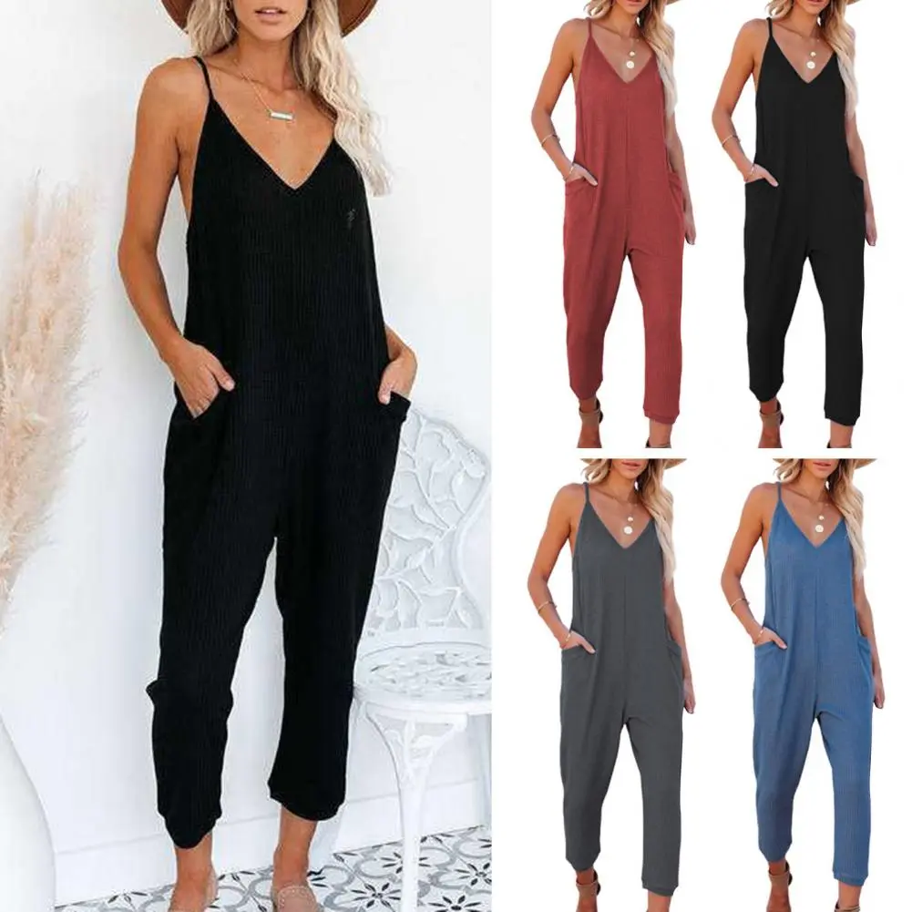 Summer Jumpsuit Outfits Women Overalls Slip Pocket Deep V Neck Casual Wide Leg Suspender Pants Women Romper Long Trousers