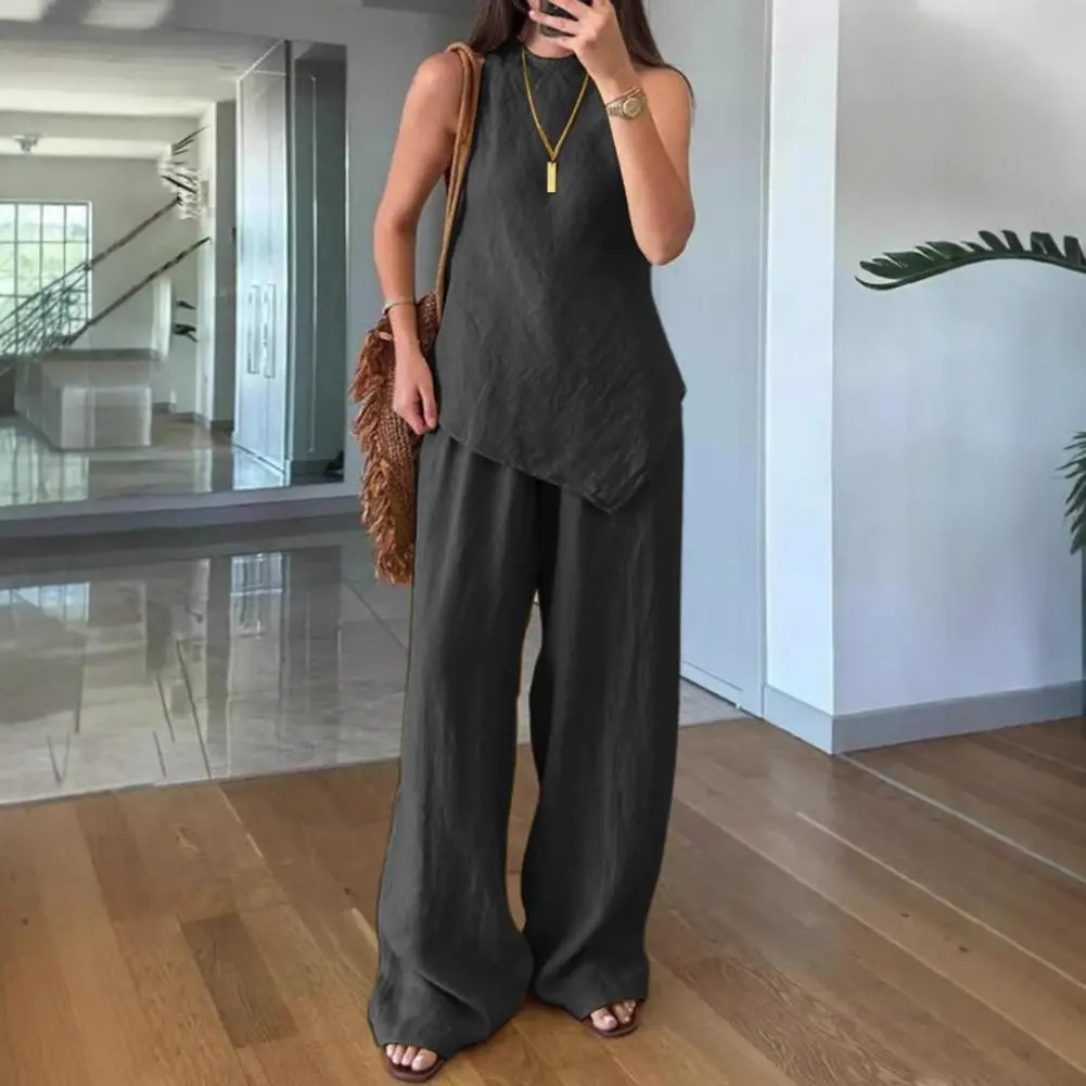 Easy-to-style Two-piece Look Breathable Solid Color Outfit Stylish Women's Irregular Hem 2 Piece Outfit Set with for Summer